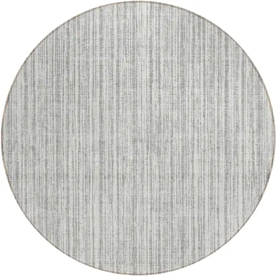 8' Gray And Silver Round Striped Washable Indoor Outdoor Area Rug Photo 1