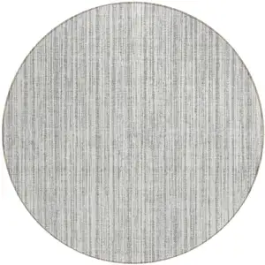 Photo of 8' Gray And Silver Round Striped Washable Indoor Outdoor Area Rug