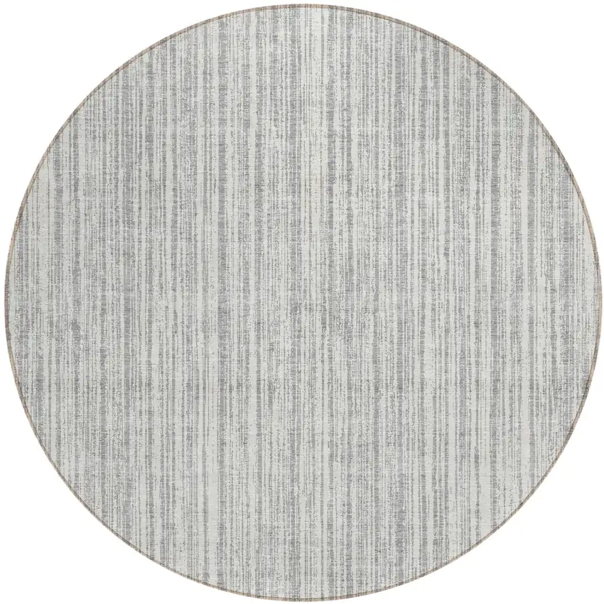 8' Gray And Silver Round Striped Washable Indoor Outdoor Area Rug Photo 1