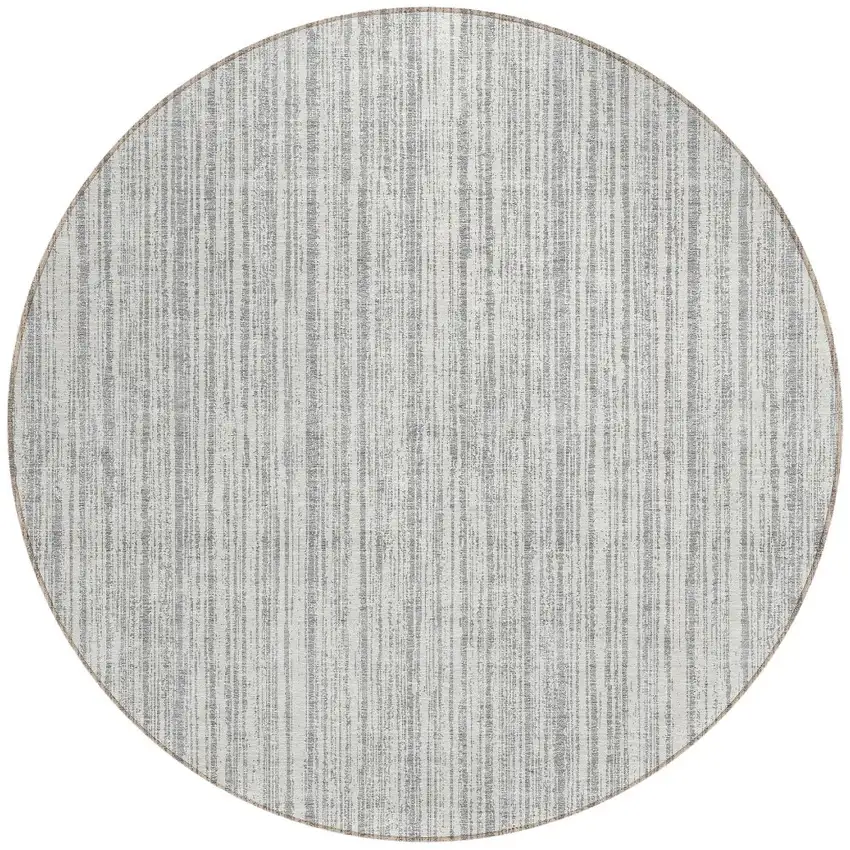 8' Gray And Silver Round Striped Washable Indoor Outdoor Area Rug Photo 5