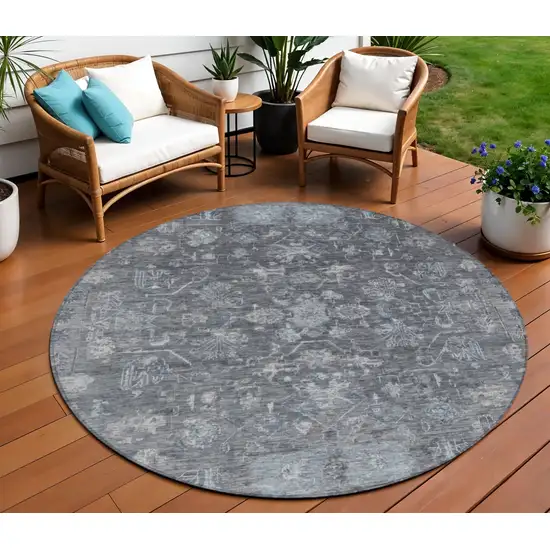 8' Gray And Silver Round Tribal Washable Indoor Outdoor Area Rug Photo 1