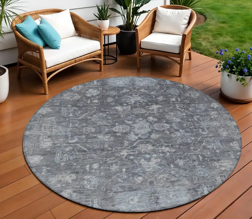 8' Gray And Silver Round Tribal Washable Indoor Outdoor Area Rug Photo 1