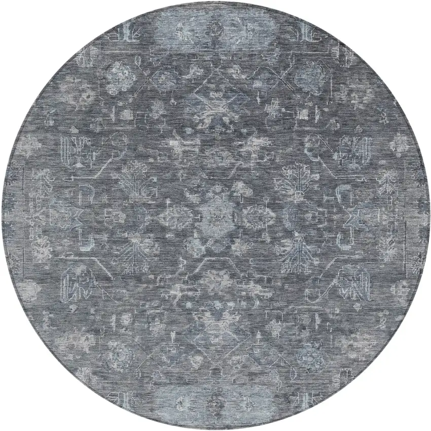 8' Gray And Silver Round Tribal Washable Indoor Outdoor Area Rug Photo 2