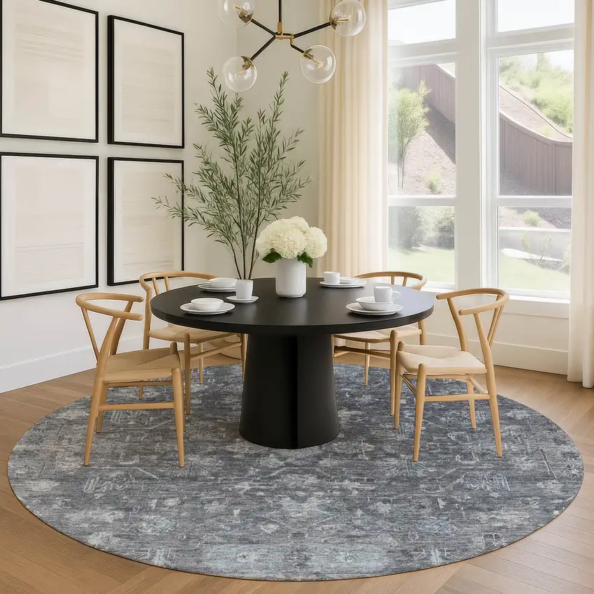 8' Gray And Silver Round Tribal Washable Indoor Outdoor Area Rug Photo 8