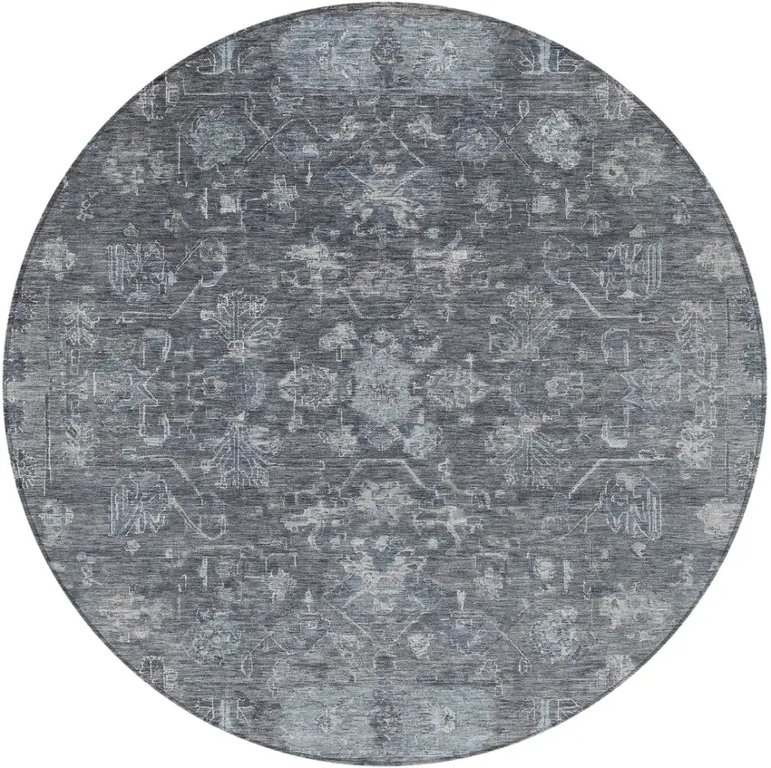 8' Gray And Silver Round Tribal Washable Indoor Outdoor Area Rug Photo 4