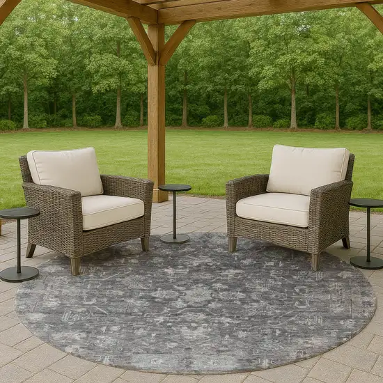 8' Gray And Silver Round Tribal Washable Indoor Outdoor Area Rug Photo 7