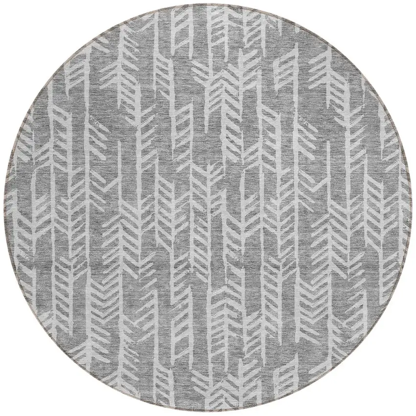 8' Gray And Silver Round Tribal Washable Indoor Outdoor Area Rug Photo 5