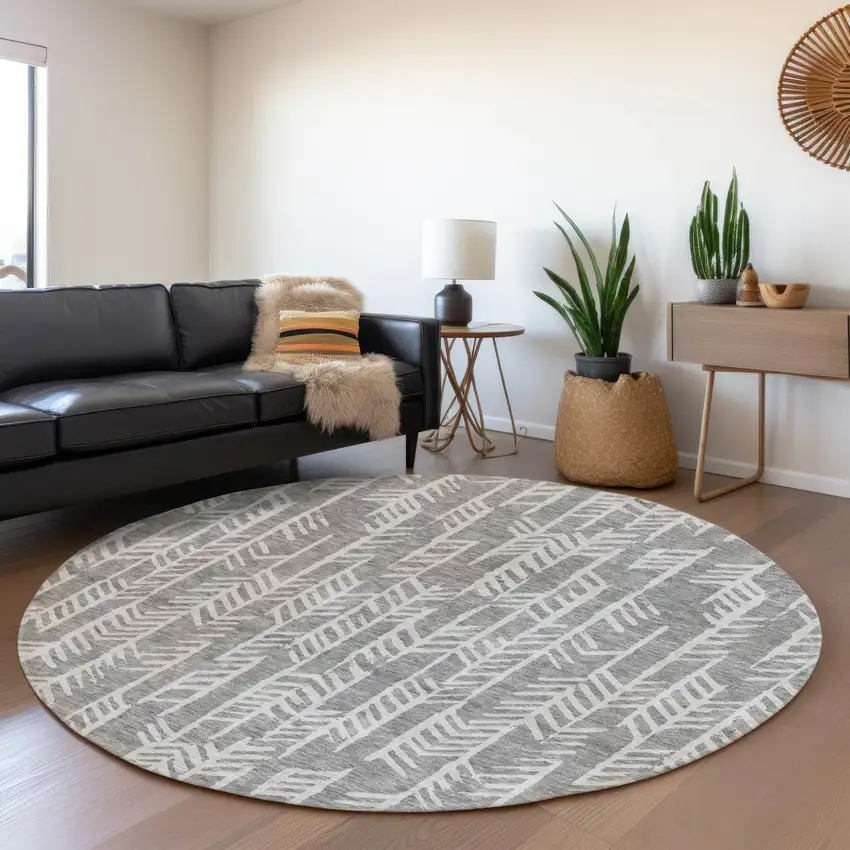 8' Gray And Silver Round Tribal Washable Indoor Outdoor Area Rug Photo 7