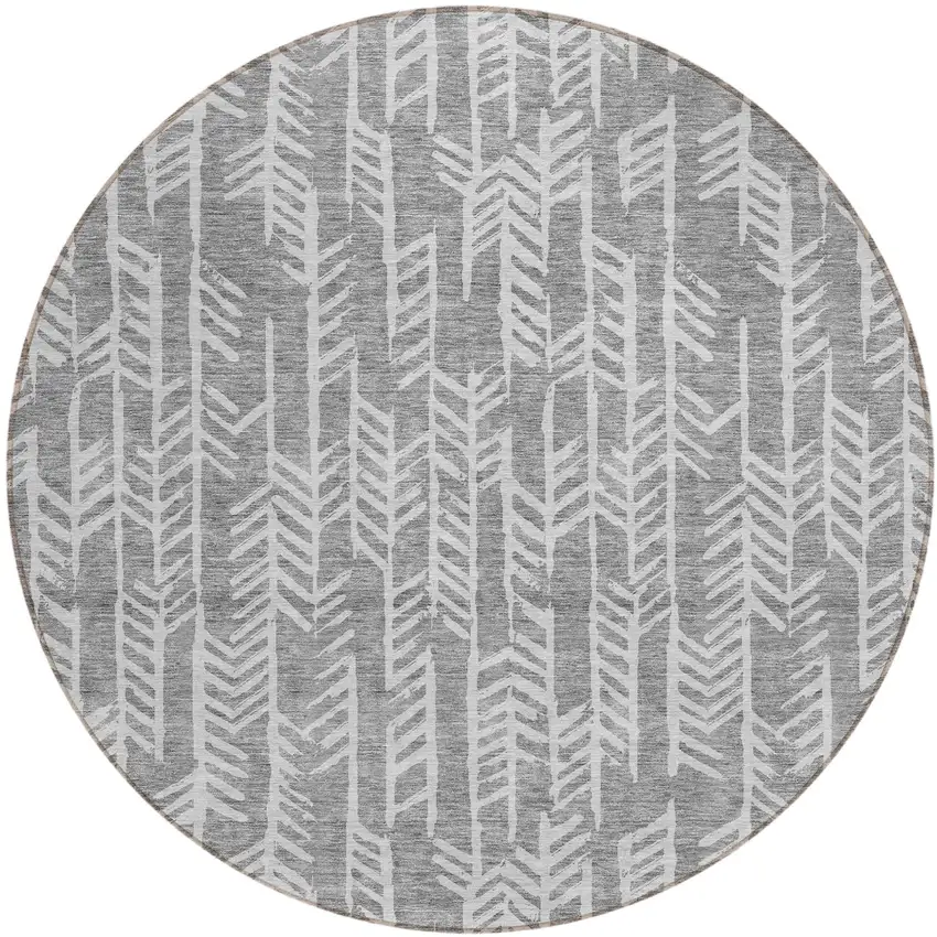 8' Gray And Silver Round Tribal Washable Indoor Outdoor Area Rug Photo 2