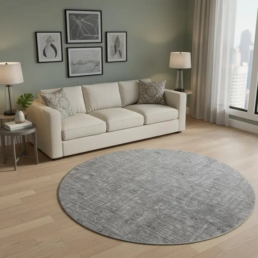 8' Gray And Silver Southwestern Washable Round Rug With UV Protection Photo 2