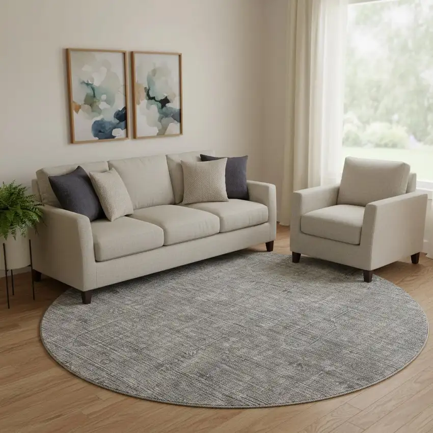 8' Gray And Silver Southwestern Washable Round Rug With UV Protection Photo 1