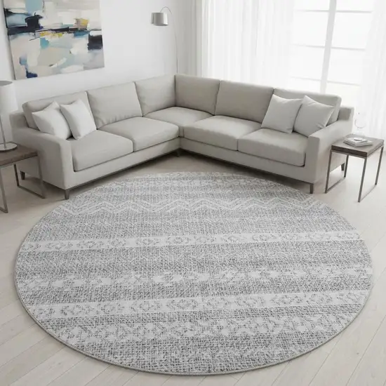 8' Gray And Silver Southwestern Washable Round Rug With UV Protection Photo 2