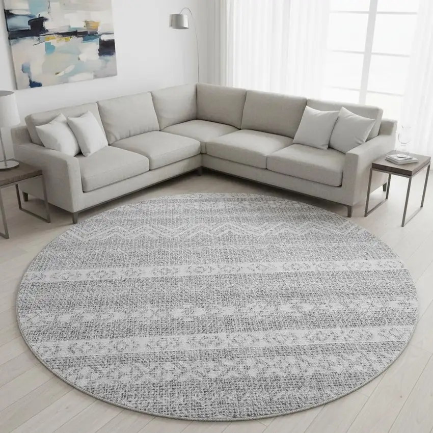 8' Gray And Silver Southwestern Washable Round Rug With UV Protection Photo 2