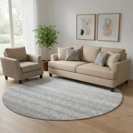 8' Gray And Silver Southwestern Washable Round Rug With UV Protection Photo 1