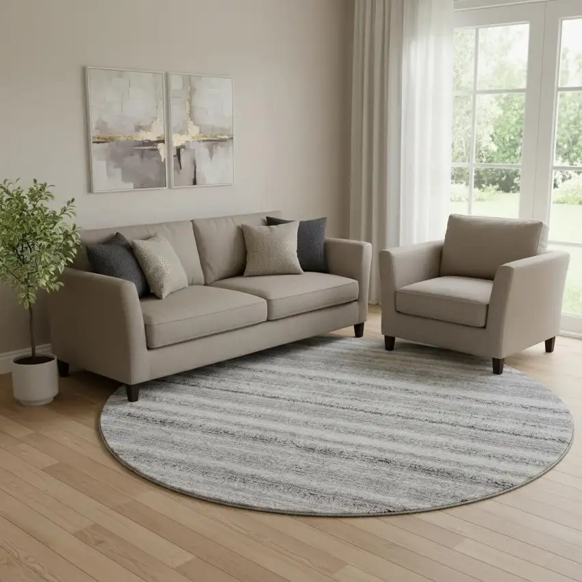 8' Gray And Silver Striped Washable Round Rug With UV Protection Photo 1