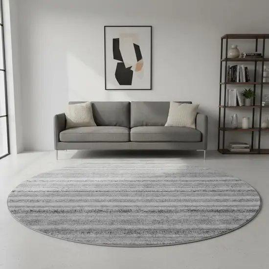 8' Gray And Silver Striped Washable Round Rug With UV Protection Photo 2