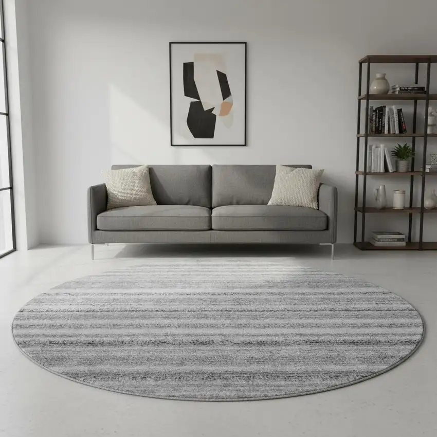 8' Gray And Silver Striped Washable Round Rug With UV Protection Photo 2