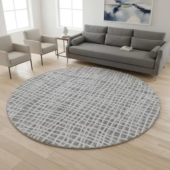 8' Gray And Silver Striped Washable Round Rug With UV Protection Photo 2
