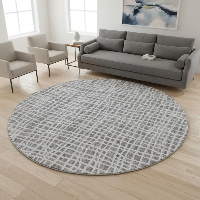 8' Gray And Silver Striped Washable Round Rug With UV Protection Photo 2