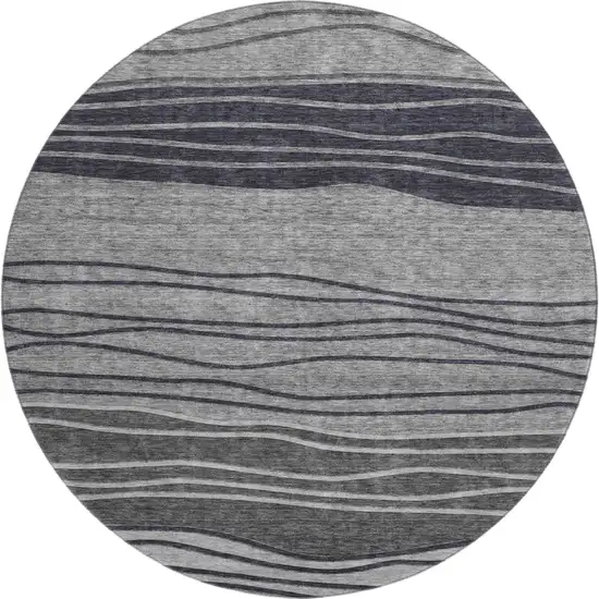 8' Gray And Silver Striped Washable Round Rug With UV Protection Photo 1