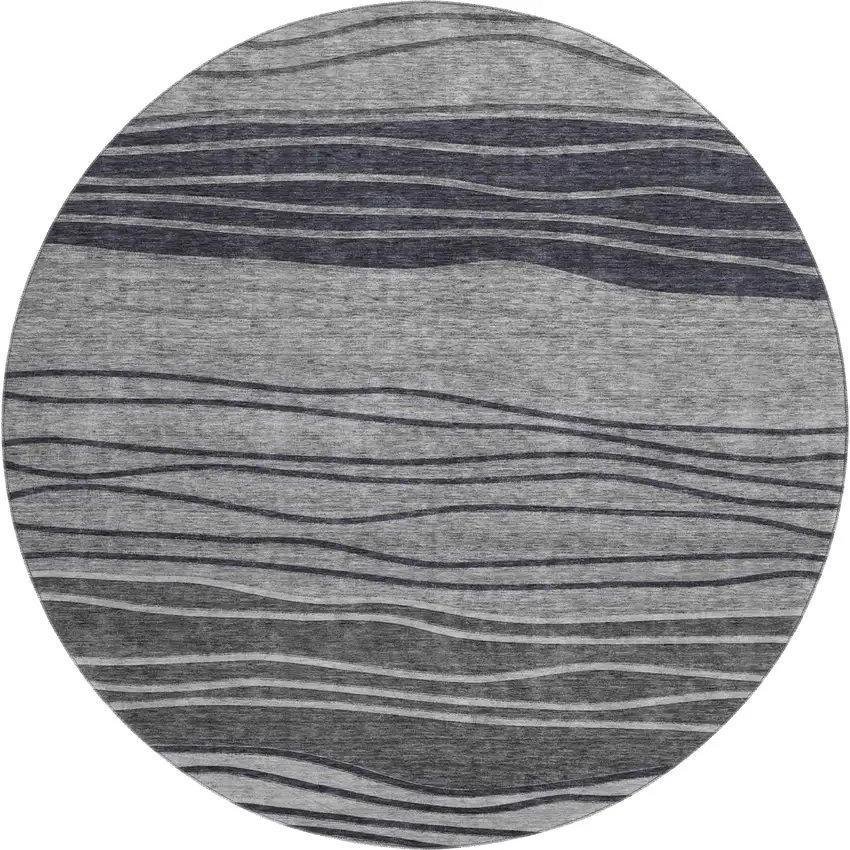 8' Gray And Silver Striped Washable Round Rug With UV Protection Photo 1