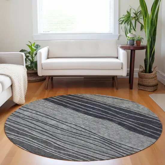 8' Gray And Silver Striped Washable Round Rug With UV Protection Photo 5