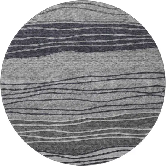 8' Gray And Silver Striped Washable Round Rug With UV Protection Photo 4