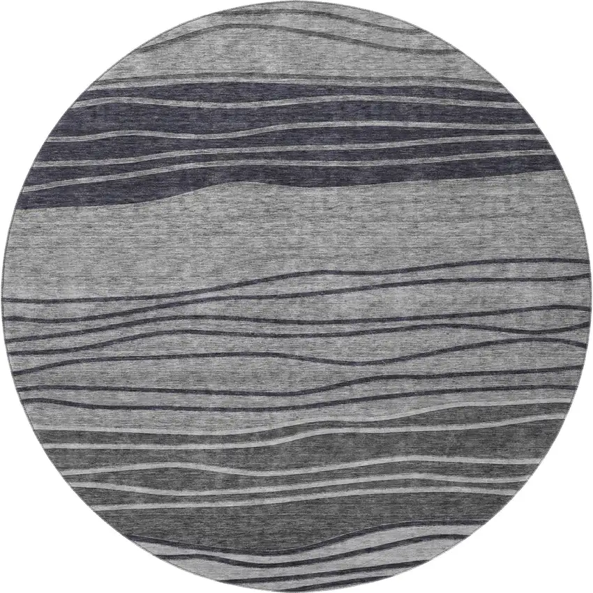 8' Gray And Silver Striped Washable Round Rug With UV Protection Photo 4
