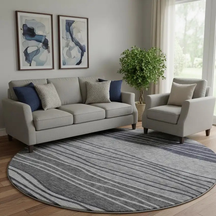 8' Gray And Silver Striped Washable Round Rug With UV Protection Photo 1