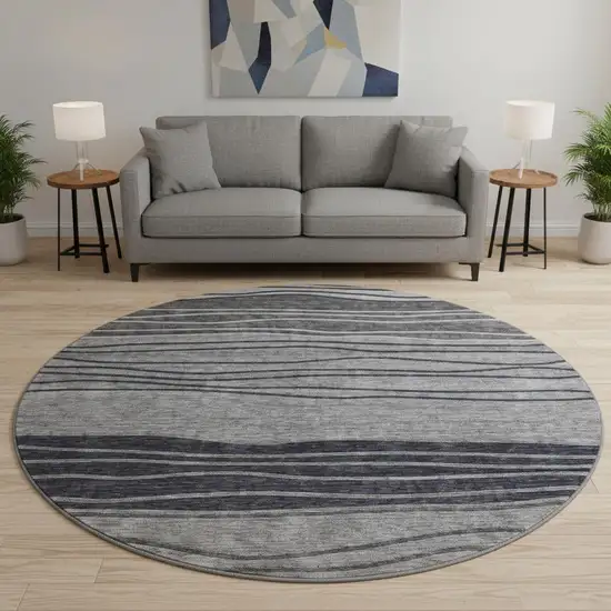 8' Gray And Silver Striped Washable Round Rug With UV Protection Photo 2