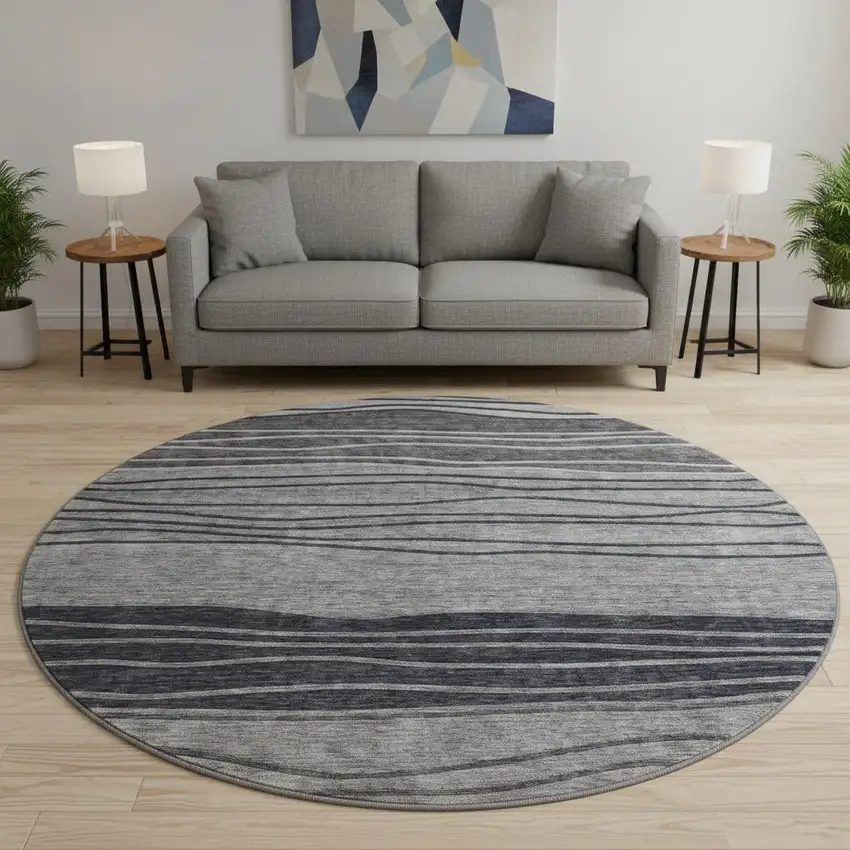 8' Gray And Silver Striped Washable Round Rug With UV Protection Photo 2