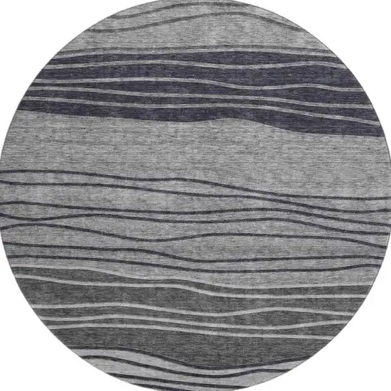 8' Gray And Silver Striped Washable Round Rug With UV Protection Photo 3