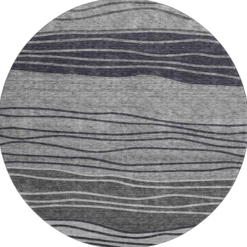 8' Gray And Silver Striped Washable Round Rug With UV Protection Photo 3