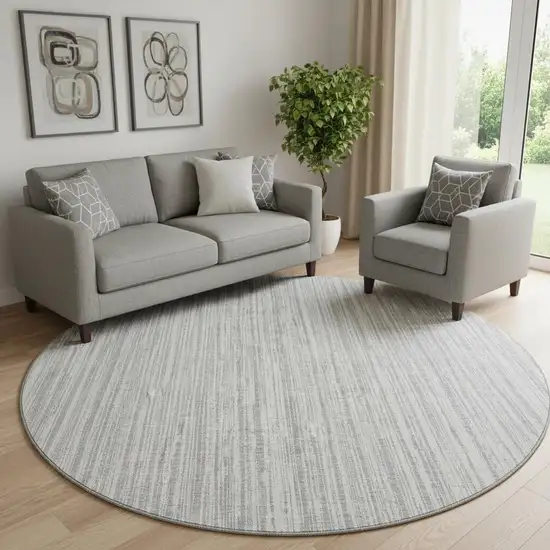 8' Gray And Silver Striped Washable Round Rug With UV Protection Photo 1