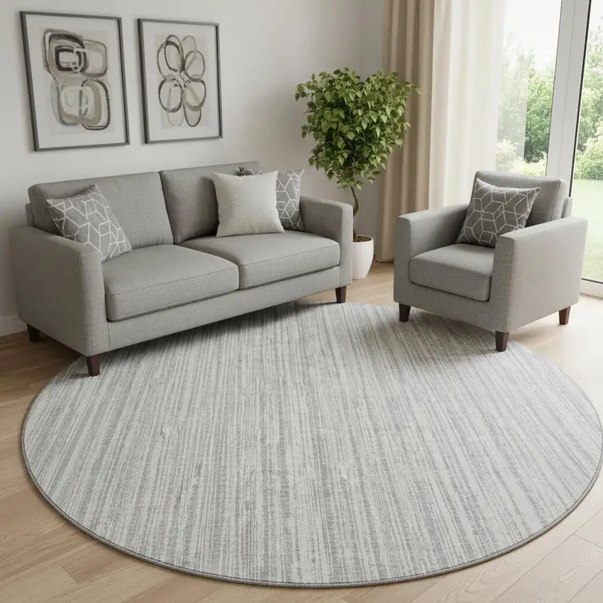 8' Gray And Silver Striped Washable Round Rug With UV Protection Photo 1