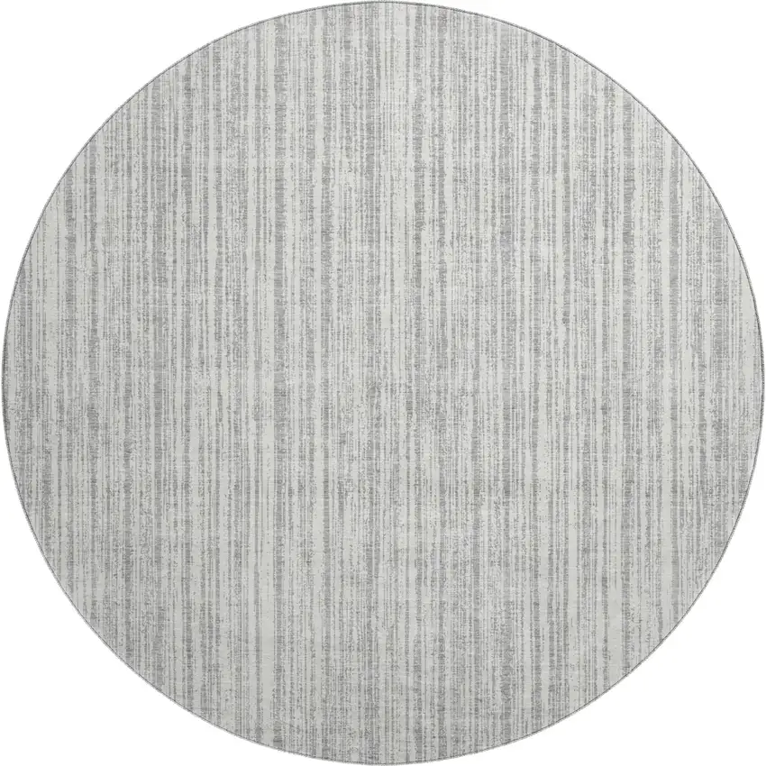 8' Gray And Silver Striped Washable Round Rug With UV Protection Photo 1