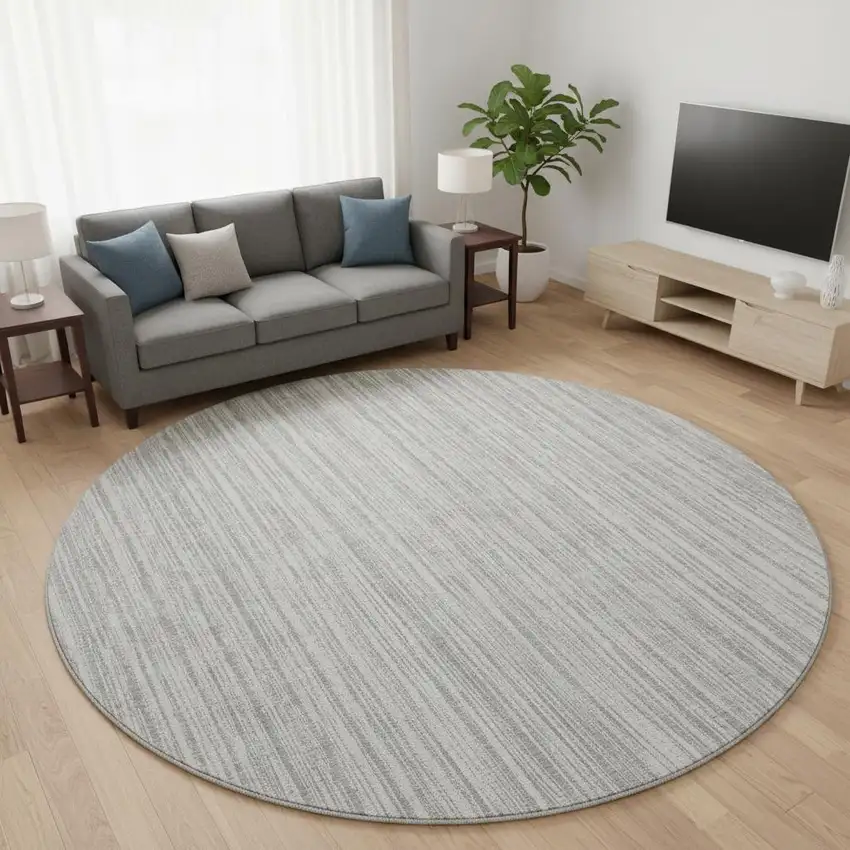 8' Gray And Silver Striped Washable Round Rug With UV Protection Photo 2