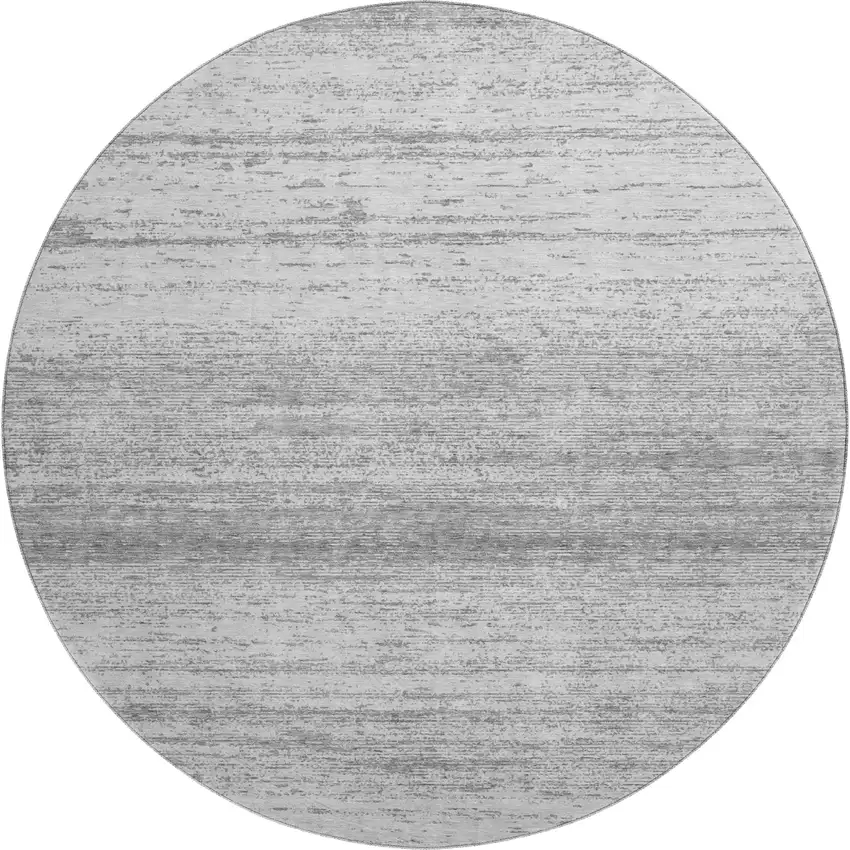 8' Gray And Silver Striped Washable Round Rug With UV Protection Photo 1