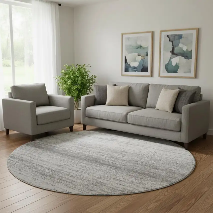 8' Gray And Silver Striped Washable Round Rug With UV Protection Photo 1