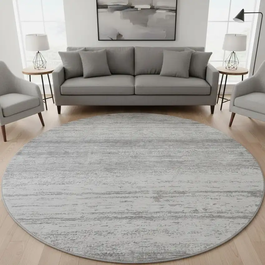 8' Gray And Silver Striped Washable Round Rug With UV Protection Photo 2
