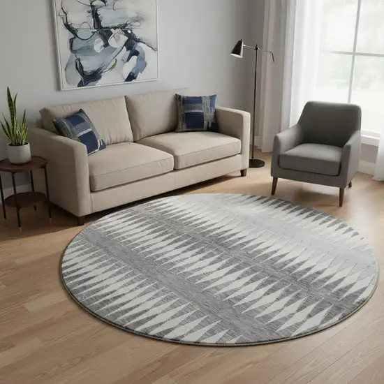 8' Gray And Silver Striped Washable Round Rug With UV Protection Photo 2