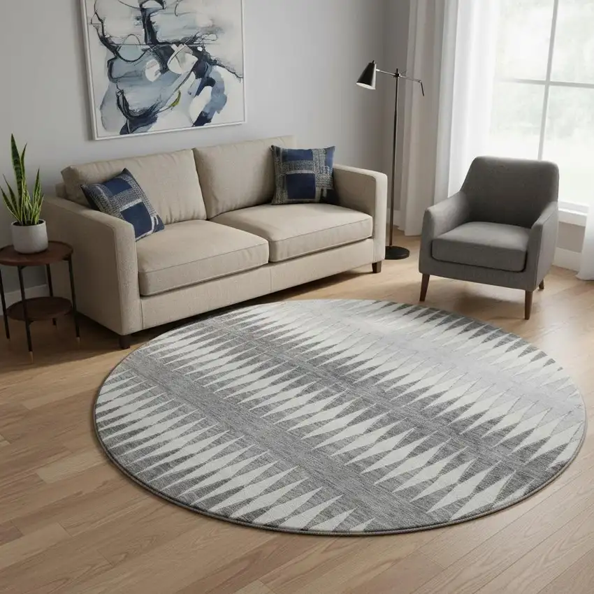 8' Gray And Silver Striped Washable Round Rug With UV Protection Photo 2