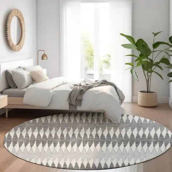 8' Gray And Silver Striped Washable Round Rug With UV Protection Photo 5