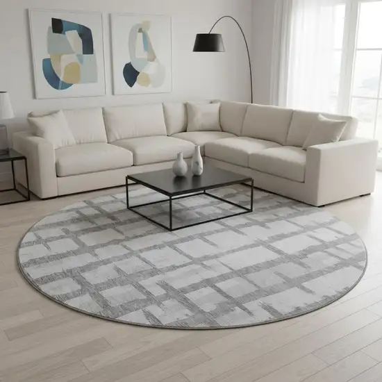8' Gray And Silver Striped Washable Round Rug With UV Protection Photo 2