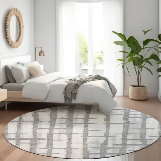 8' Gray And Silver Striped Washable Round Rug With UV Protection Photo 5