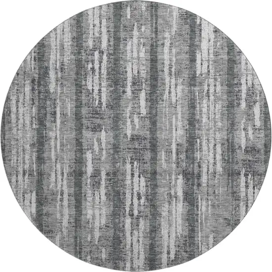 8' Gray And Silver Striped Washable Round Rug With UV Protection Photo 1