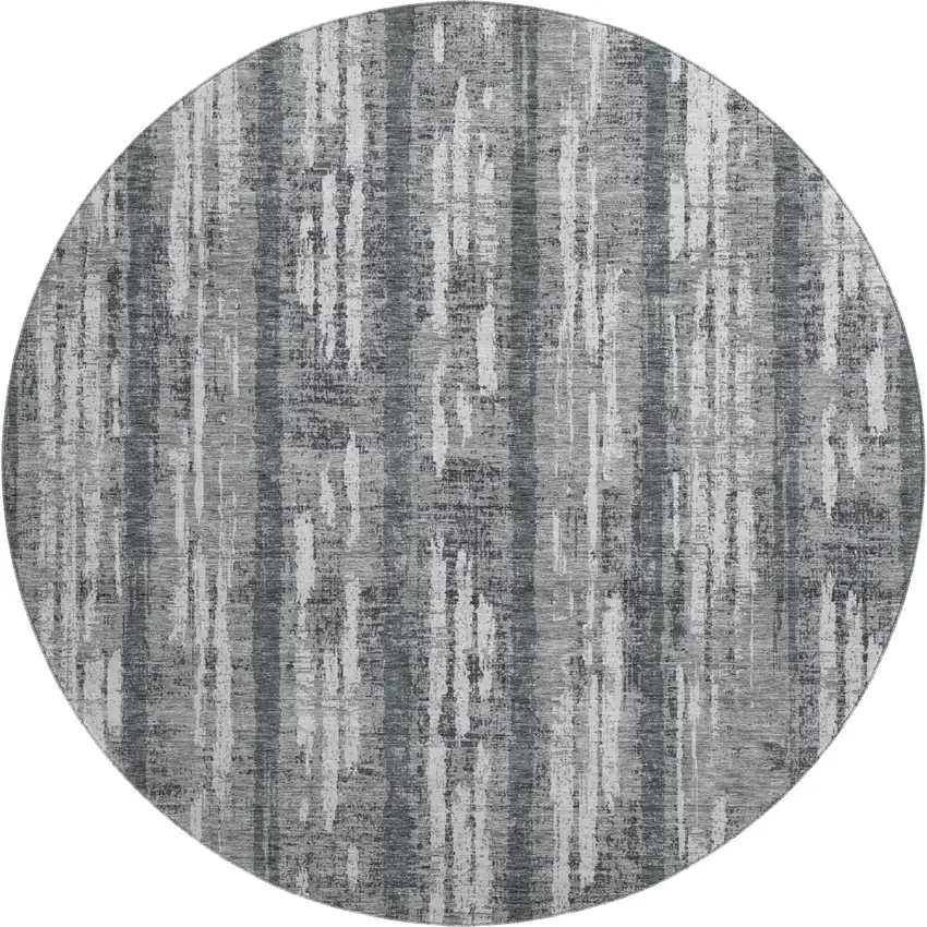 8' Gray And Silver Striped Washable Round Rug With UV Protection Photo 1