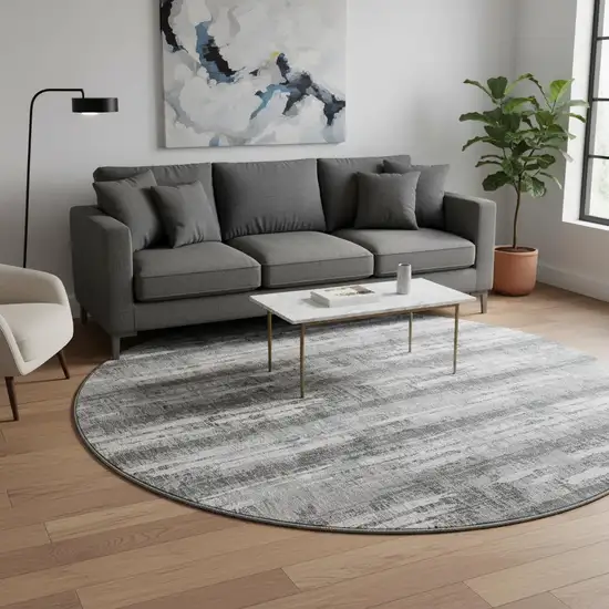 8' Gray And Silver Striped Washable Round Rug With UV Protection Photo 2