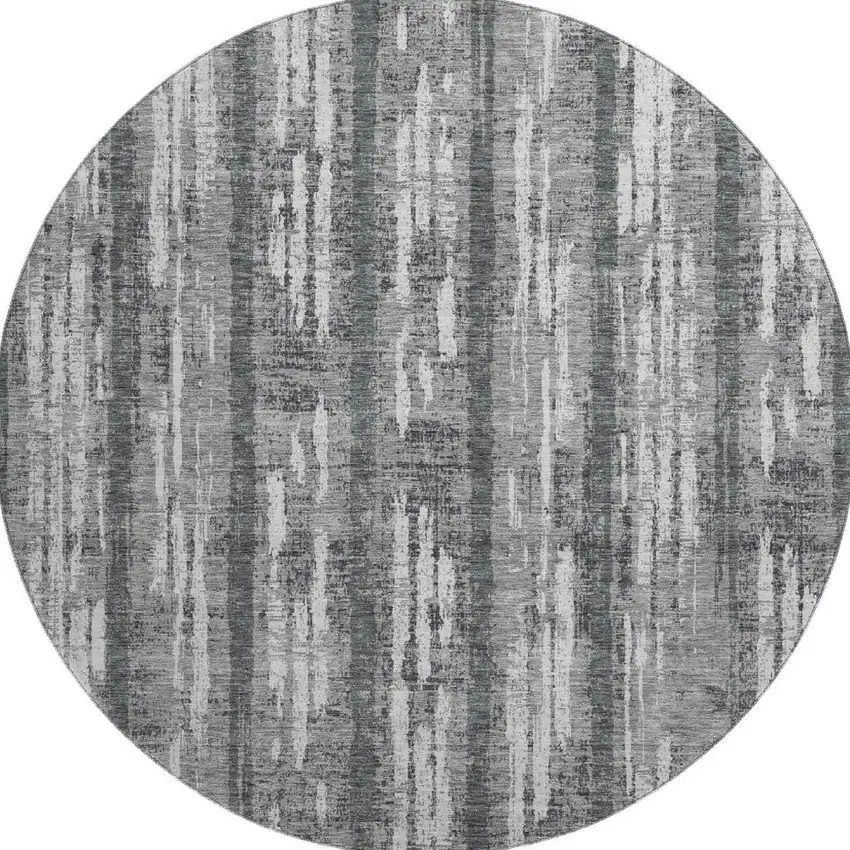 8' Gray And Silver Striped Washable Round Rug With UV Protection Photo 4