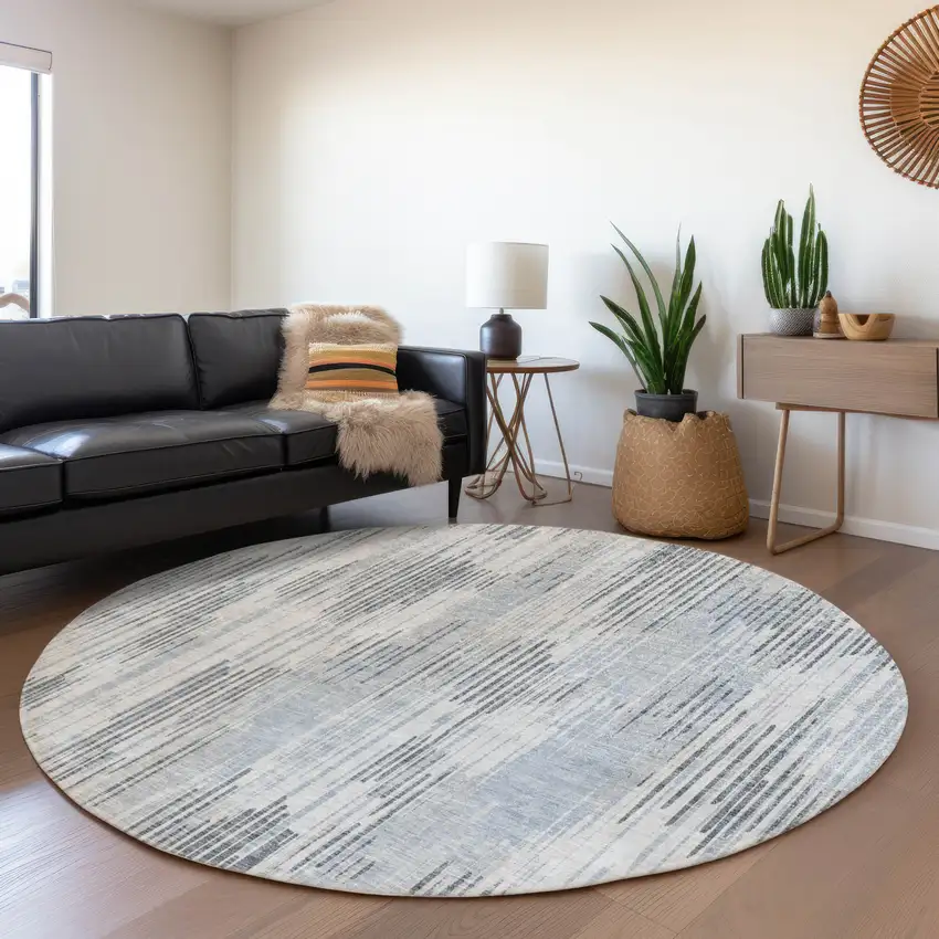 8' Gray And Silver Striped Washable Round Rug With UV Protection Photo 5